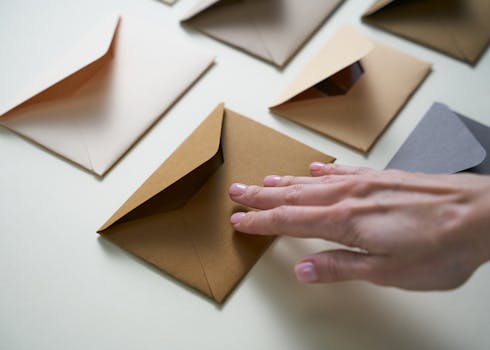 A hand gently touches brown envelopes spread on a white surface, illustrating organization.