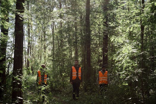 Group of workers in orange safety vests walking through a lush forest.