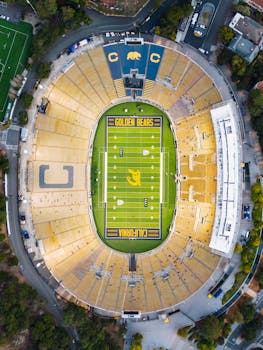 High angle shot of California Memorial Stadium in Berkeley, home of the Golden Bears.