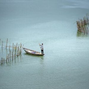 A fisherman paddles a rowboat near circular bamboo fish traps in a serene lake, pictured from above.