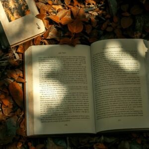 An open book lying on dry leaves, evoking a vintage and literary feel.