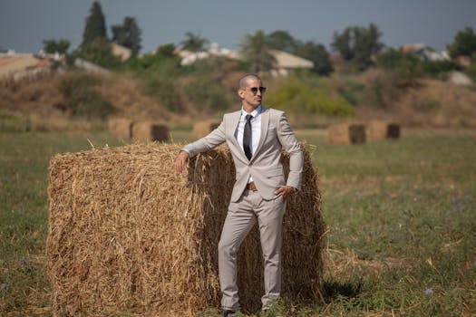 Professional businessman in a suit leans casually on a hay bale in a countryside setting.