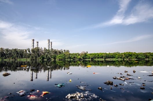 View of a polluted river reflecting factory emissions under a clear sky in India.