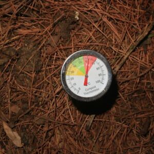 Close-up of a compost thermometer in forest soil, indicating temperature for decomposition.
