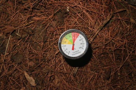 Close-up of a compost thermometer in forest soil, indicating temperature for decomposition.