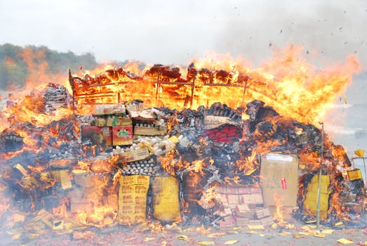 A large bonfire outdoors with assorted boxes and items engulfed in flames.