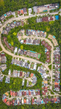 Vibrant aerial view of a residential neighborhood surrounded by dense green forest.