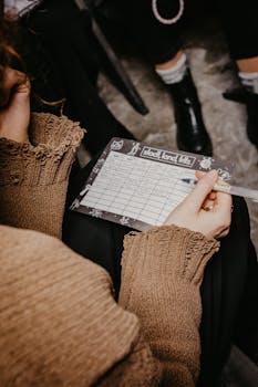 A woman writing on a paper playing a word game during a social gathering.
