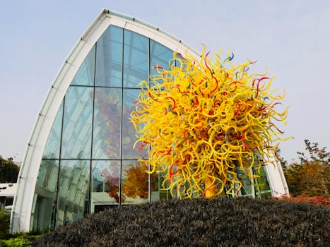 Stunning yellow glass sculpture outside Chihuly Garden and Glass in Seattle, Washington.