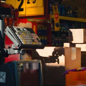 Close-up of a retail checkout counter with boxes and a touchscreen register in a store setting.