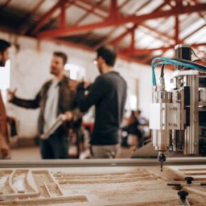 Three men discussing work in a woodworking shop with CNC machinery in focus.