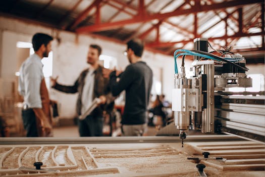 Three men discussing work in a woodworking shop with CNC machinery in focus.