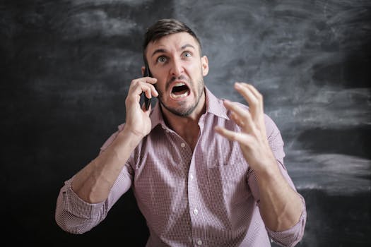 A distressed man in a pink shirt expressing frustration while using a smartphone indoors.