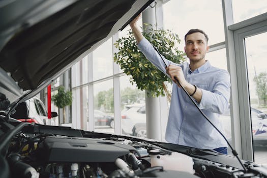 A man carefully checking a car engine in a bright, modern car showroom.