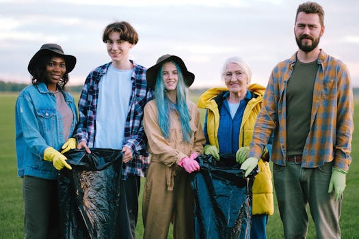 Group of smiling volunteers cleaning a green field, holding plastic bags. Diverse team promoting environmental care.