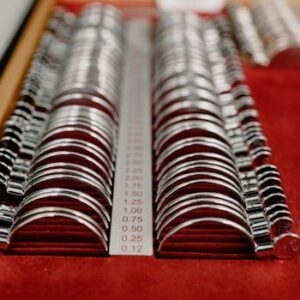 From above of arranged rows of trial spectacle lenses for examining visual impairments in clinic