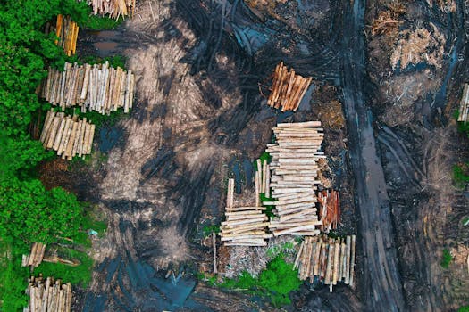 Aerial view of log trunks piles recently cut stored on dirty wet ground between rural road and green forest trees in daylight
