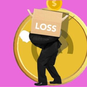 Creative image depicting economic losses with a person carrying a heavy box labeled 'LOSS'.