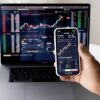 Person checking stock market graphs on laptop and smartphone, focusing on financial data.