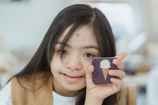 Young girl with Down syndrome smiling and holding a memory game card indoors.