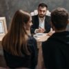 A business meeting with a professional advisor discussing documents in an office.