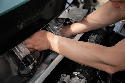 Close-up of mechanic working on car engine in a workshop environment.
