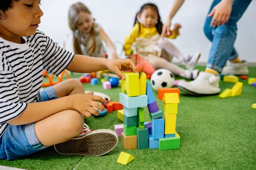 Kids enjoying creative play with wooden blocks at kindergarten, capturing joyful learning.