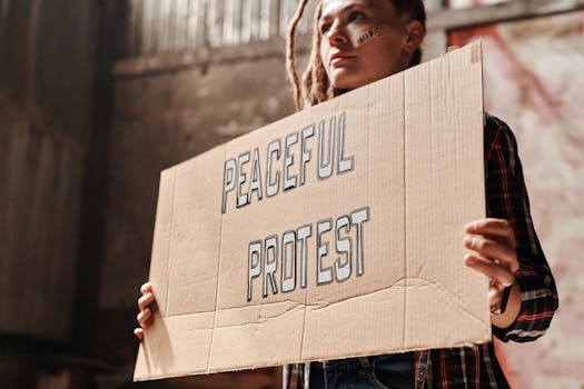 A woman holding a cardboard sign with 'Peaceful Protest' written on it inside an industrial setting.