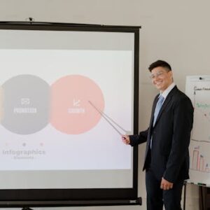 Confident businessman presenting data using a projector and whiteboard.
