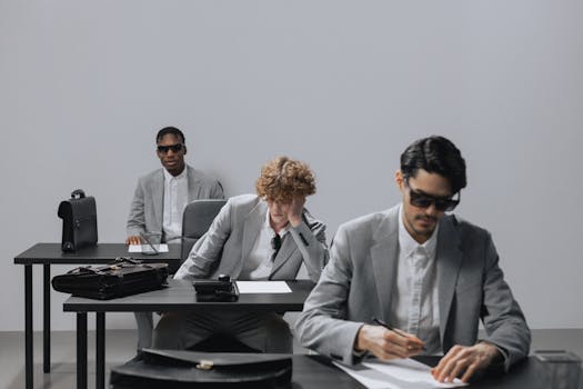 Three men in gray suits writing an exam indoors. Focus on business attire and concentration.