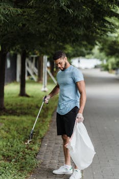 A man picking up litter with a grabber tool in a park, promoting environmental awareness.