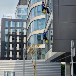 Two workers clean windows on a tall office building in a city setting.