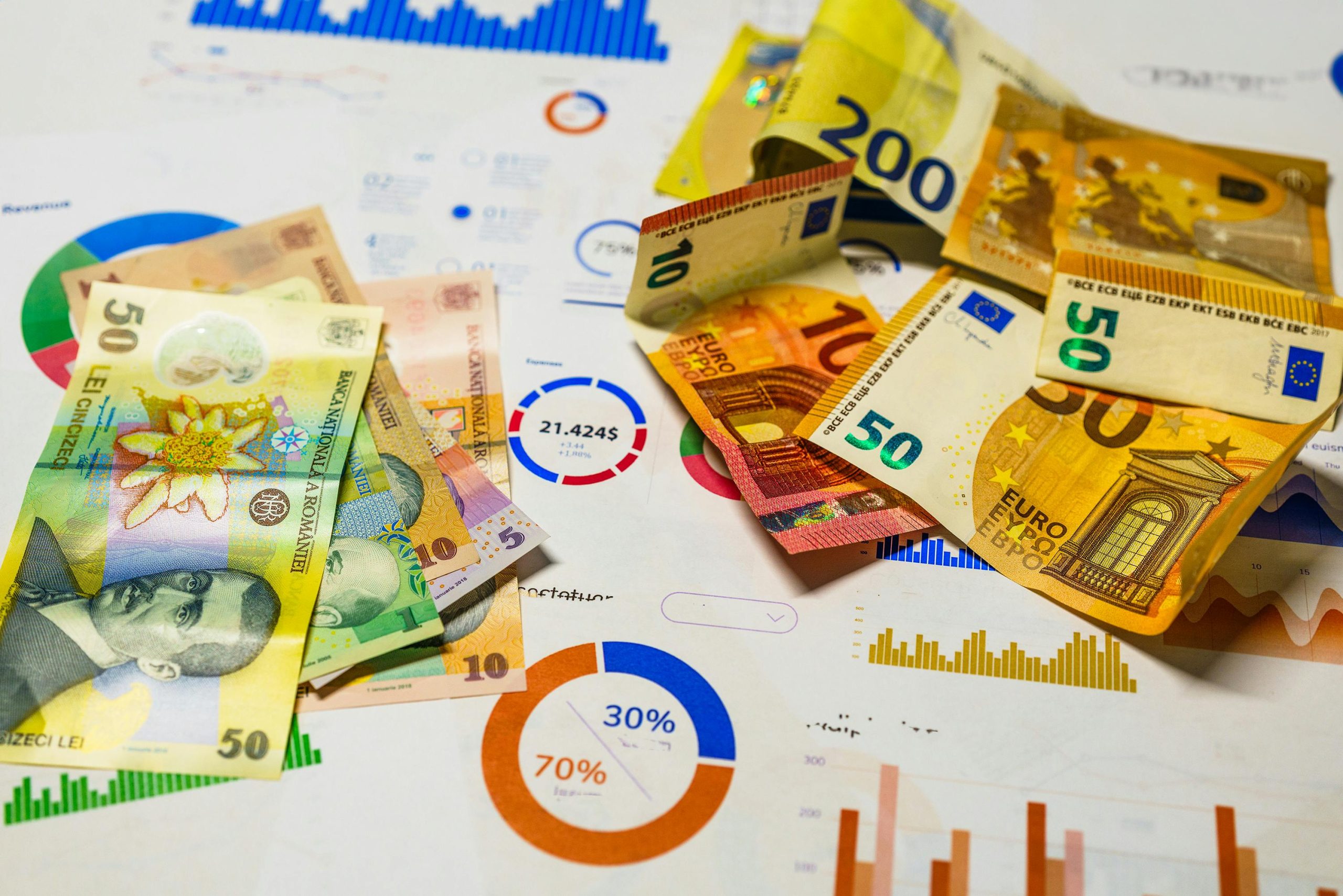 Colorful Euro and Romanian Lei banknotes on top of financial charts, symbolizing currency exchange and economic analysis.