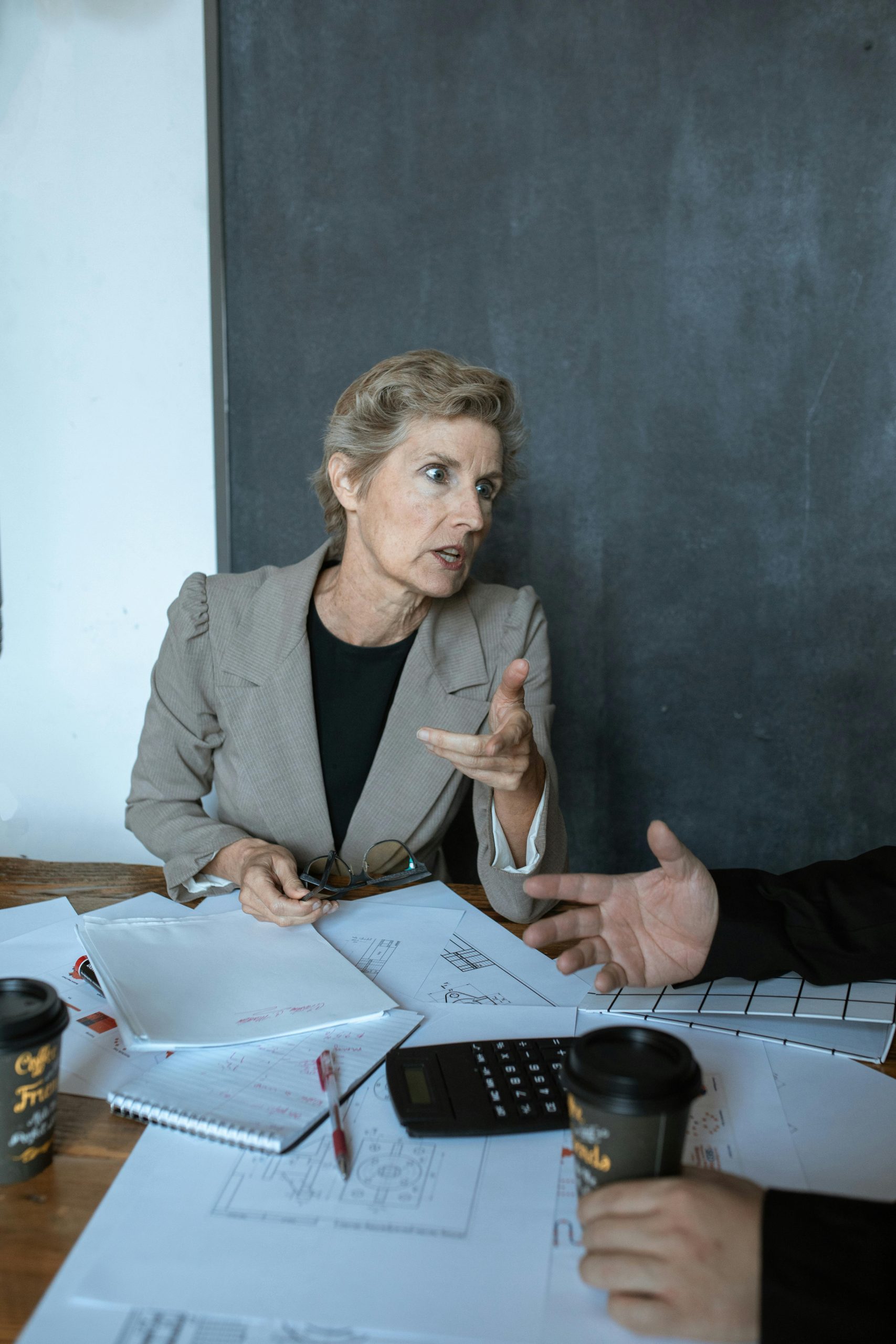 Mature businesswoman discussing plans with colleagues in an office setting.