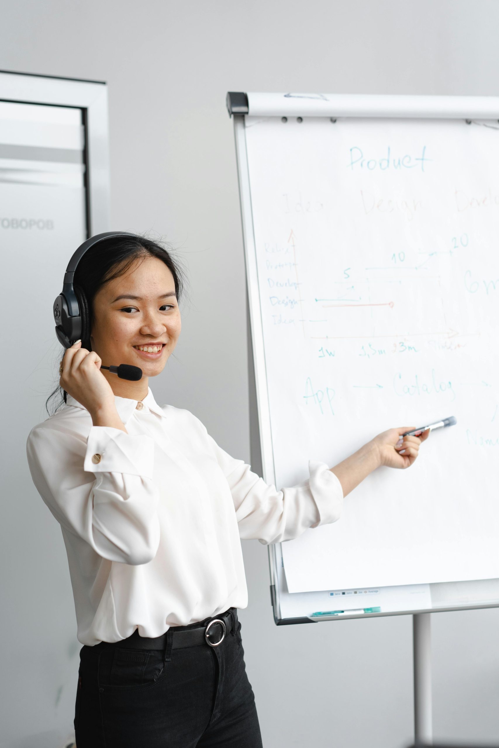 Smiling woman in a white shirt presenting with a headset and flipchart in an office environment.